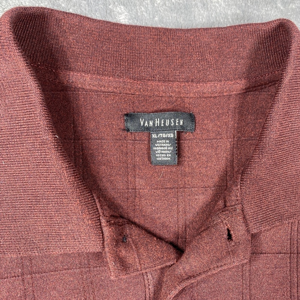 Van Heusen Polo Shirt Mens XL Long Sleeve Maroon Burgundy Textured Geometric Box - Picture 3 of 8